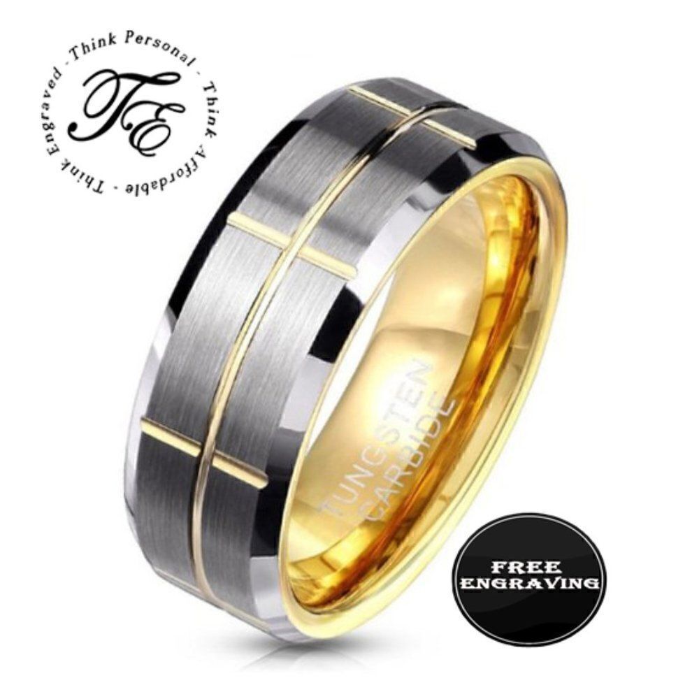 Personalized Mens Real Tungsten Wedding Ring Brushed Steel 14k Gold coated